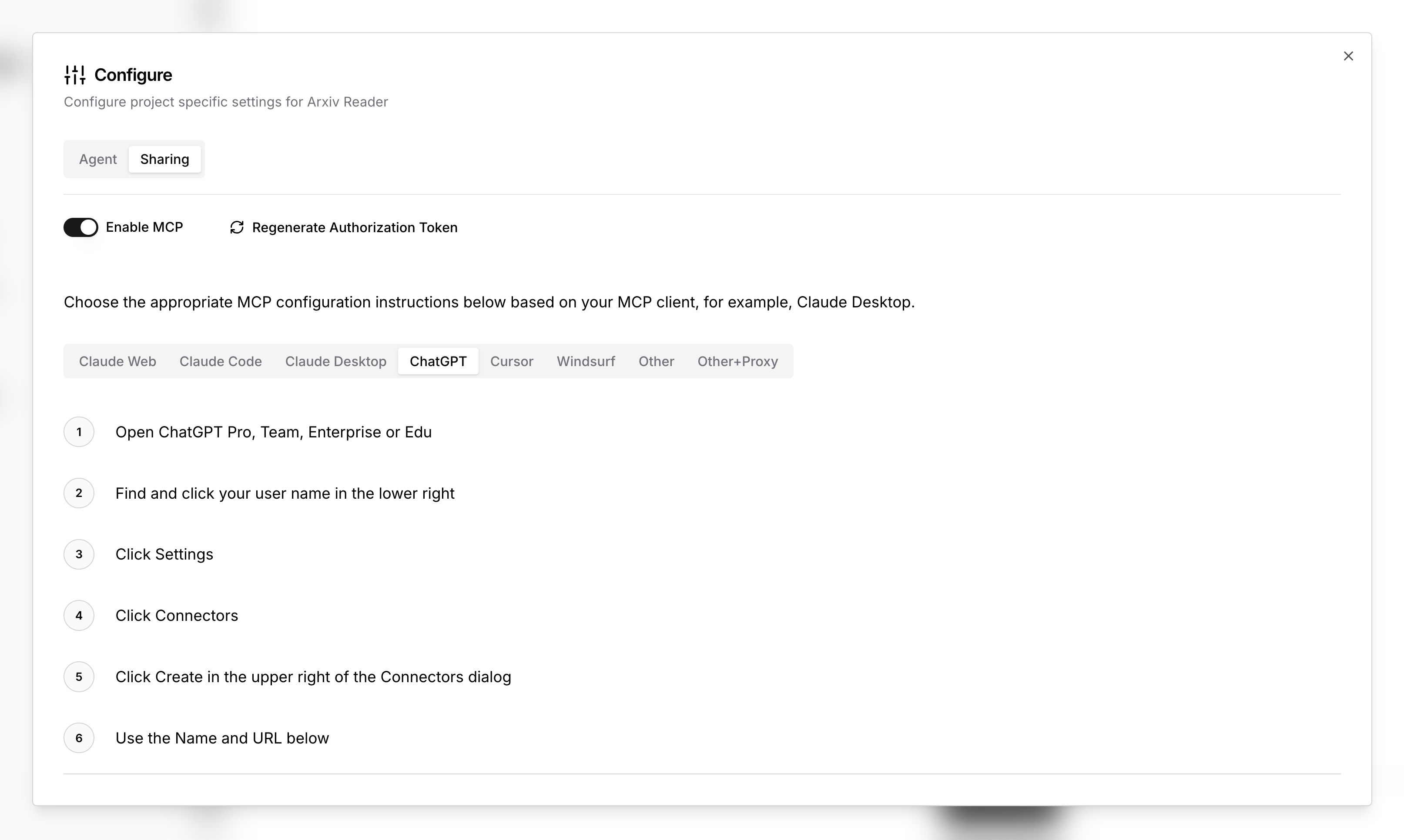 MCP configuration for ChatGPT clients