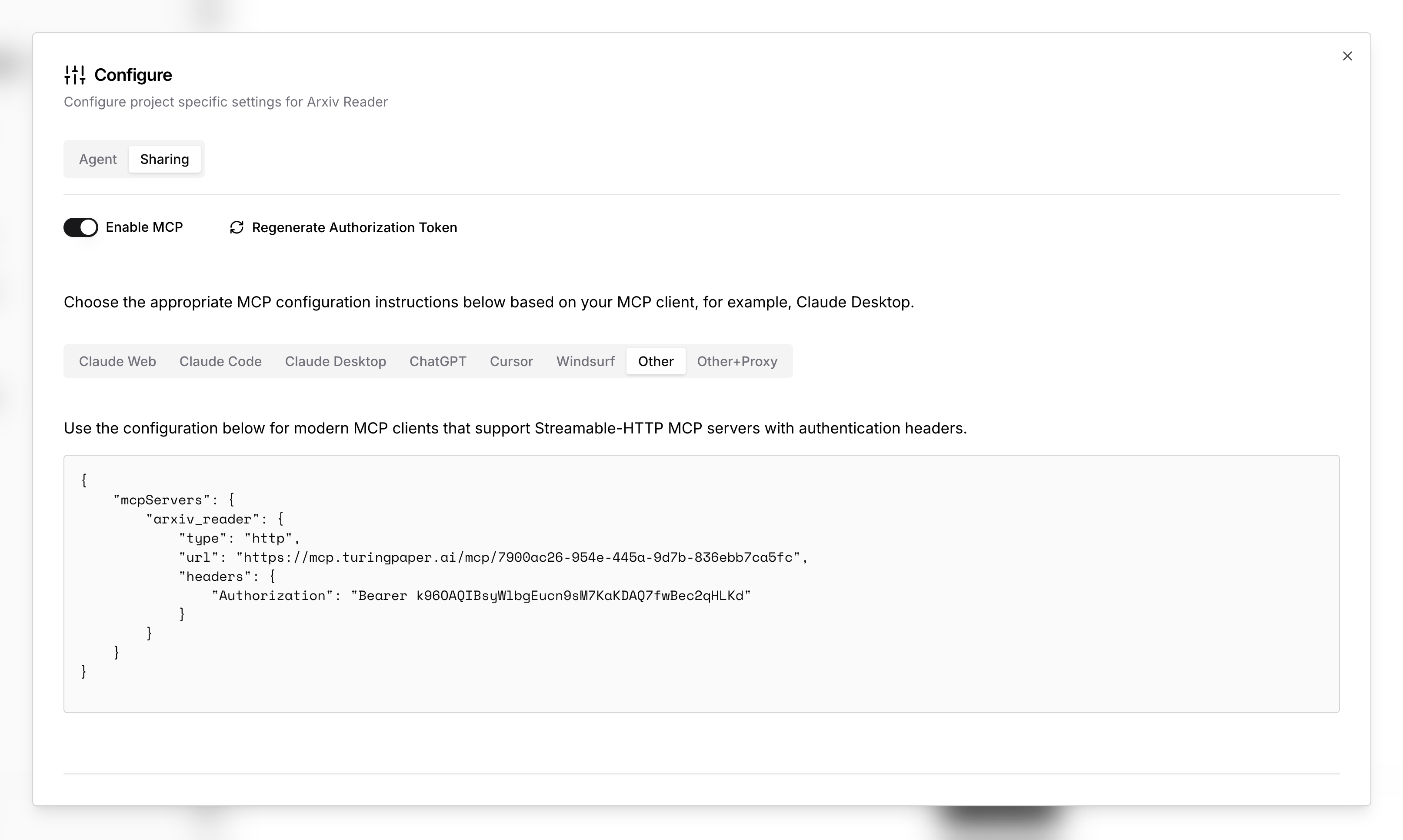 MCP configuration for generic clients